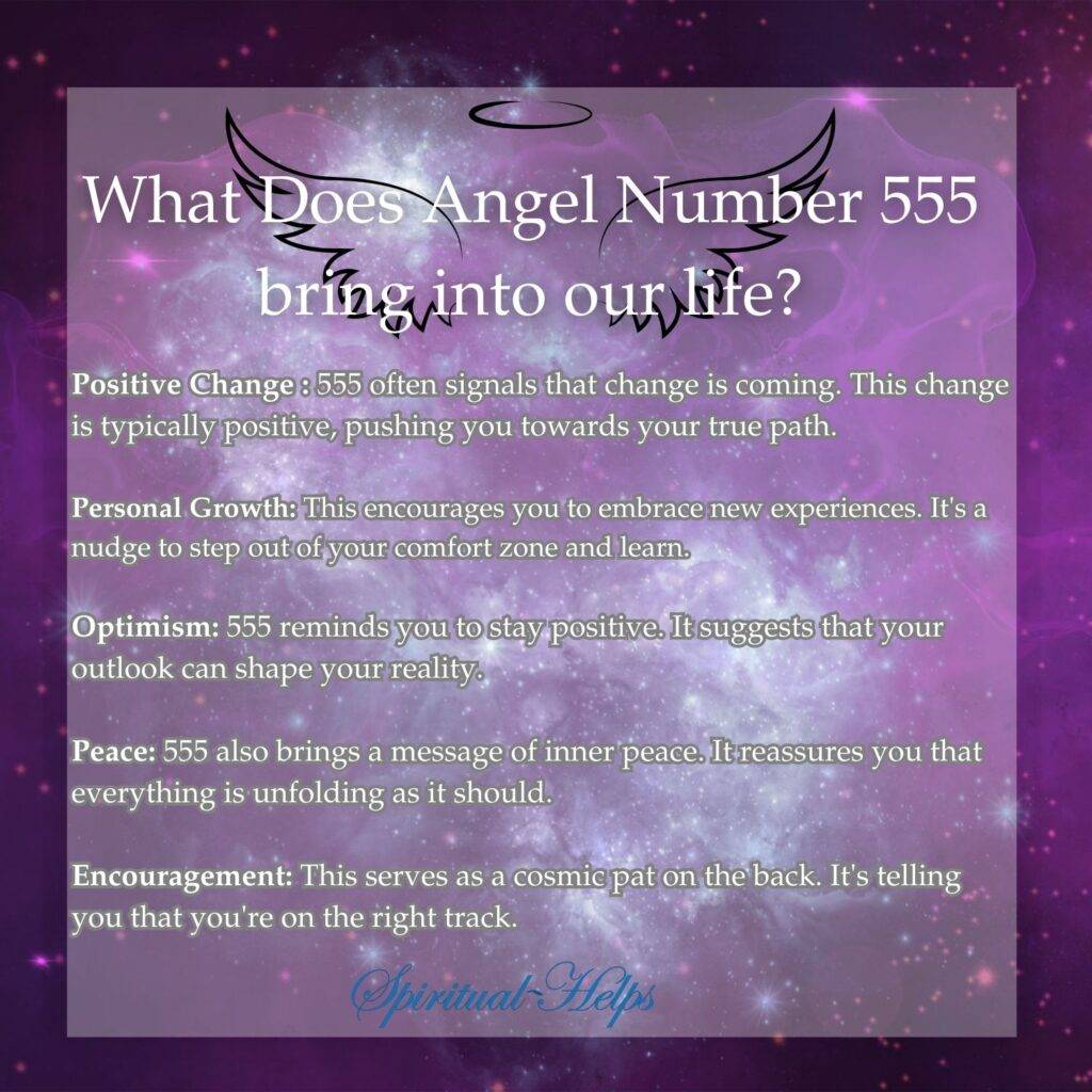 This image has a similar cosmic purple background as the first image. Winged shapes frame the title "What Does Angel Number 555 Bring Into Our Life?" The text lists the positive impacts of seeing 555: Positive Change, Personal Growth, Optimism, Peace, and Encouragement, each with a brief description. "Spiritual Helps" is again at the bottom.