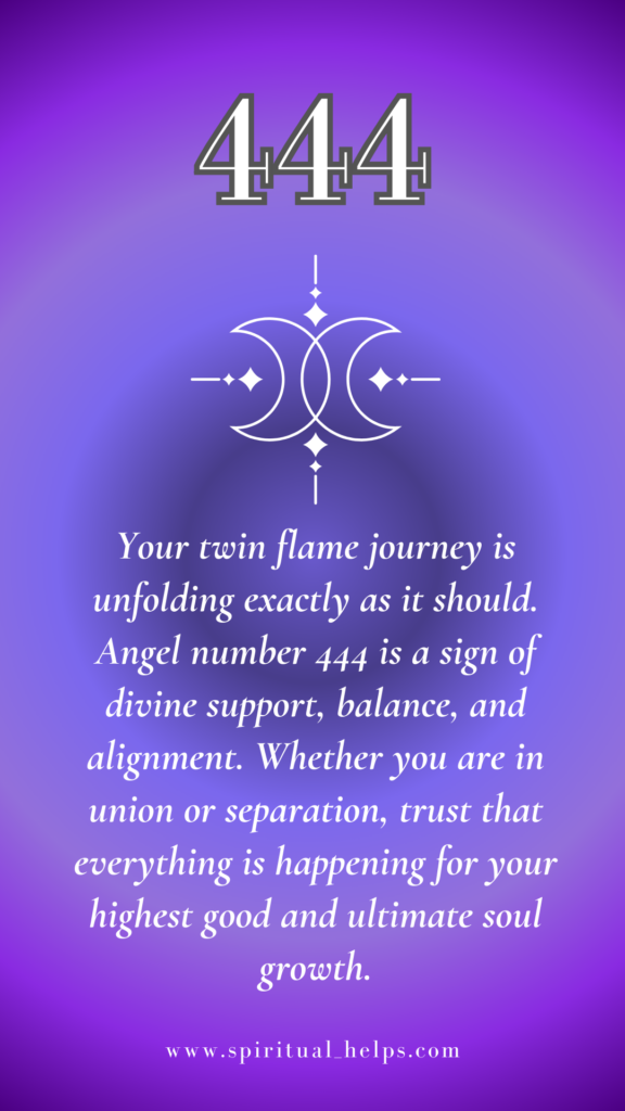 Angel number 444 meaning for twin flames. A graphic with the number 444 above a stylized double crescent moon design on a purple gradient background. Text reads 'Your twin flame journey is unfolding exactly as it should. Angel number 444 is a sign of divine support, balance, and alignment. Whether you are in union or separation, trust that everything is happening for your highest good and ultimate soul growth.