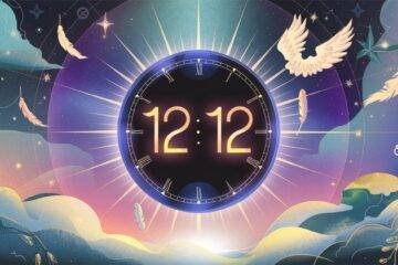 A serene image of a glowing clock displaying "12:12" surrounded by a dreamy, celestial background featuring soft hues of blue, purple, and gold. Gentle light rays emanate from the clock, with subtle symbols of spirituality like angel wings, feathers, and a faint infinity sign blending into the background. The scene feels peaceful and uplifting, symbolizing alignment, guidance, and manifestation.