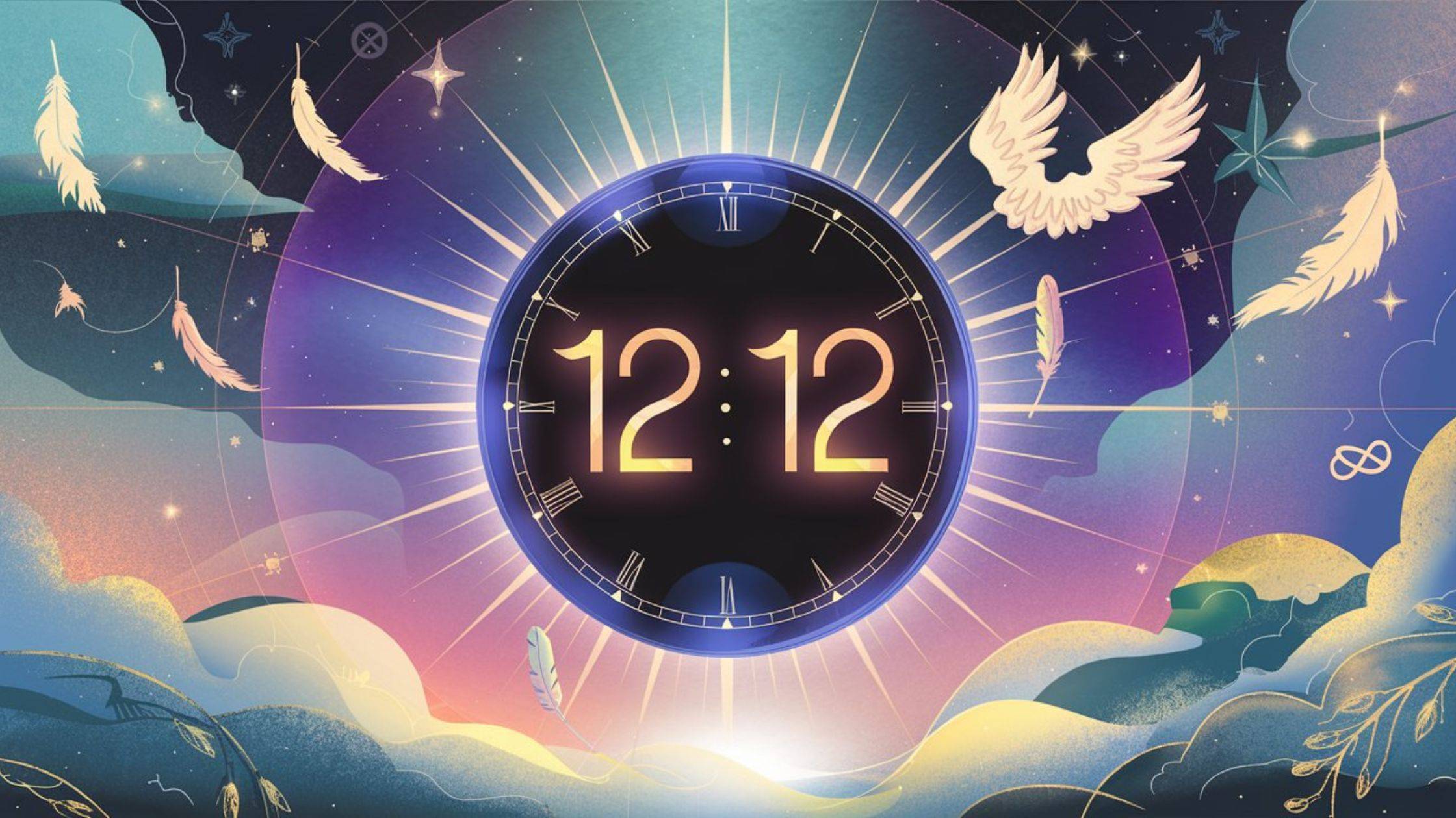 A serene image of a glowing clock displaying "12:12" surrounded by a dreamy, celestial background featuring soft hues of blue, purple, and gold. Gentle light rays emanate from the clock, with subtle symbols of spirituality like angel wings, feathers, and a faint infinity sign blending into the background. The scene feels peaceful and uplifting, symbolizing alignment, guidance, and manifestation.