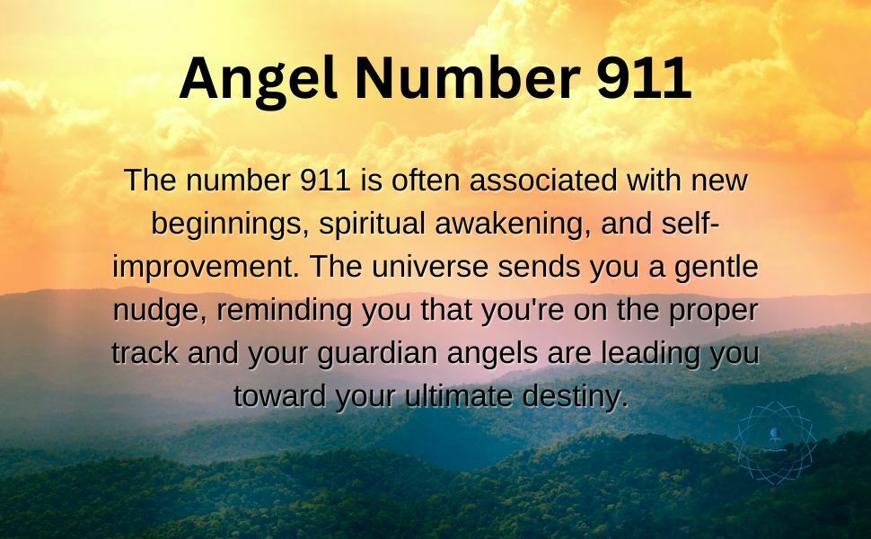 The number angel 911 is often associated with new beginnings, spiritual awakening, and self-improvement. The universe sends you a gentle nudge, reminding you that you're on the proper track and your guardian angels are leading you toward your ultimate destiny. 