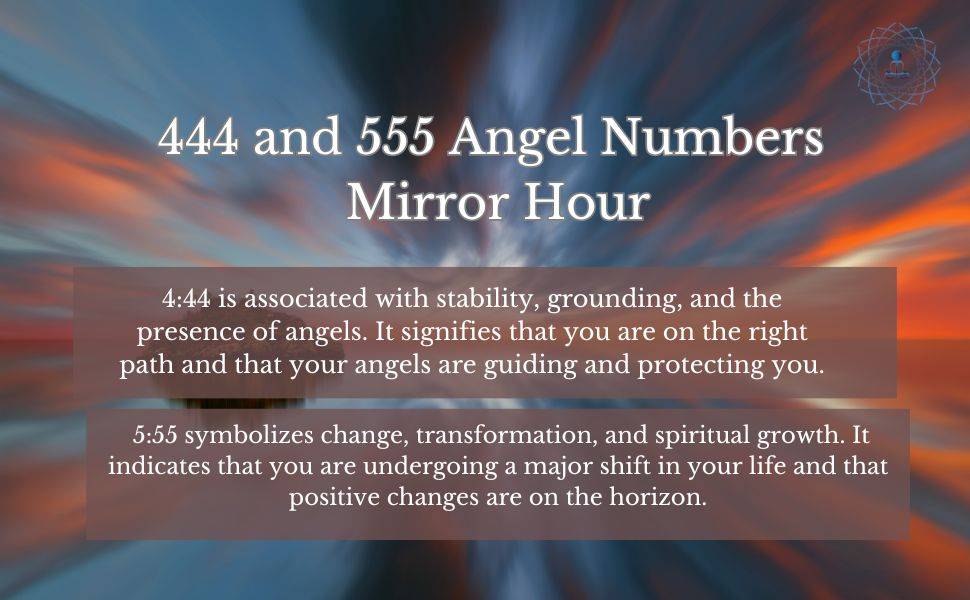 An image with a blurred, colorful background resembling a sunset or sunrise. The title at the top reads "444 and 555 Angel Numbers Mirror Hour". Below are two text boxes:
The first says "4:44 is associated with stability, grounding, and the presence of angels. It signifies that you are on the right path and that your angels are guiding and protecting you."
The second says "5:55 symbolizes change, transformation, and spiritual growth. It indicates that you are undergoing a major shift in your life and that positive changes are on the horizon.