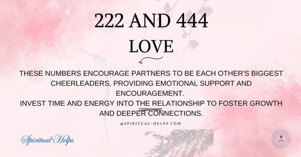 Spiritual guidance on angel numbers 222 and 444 for love. Pink background with text explaining how these numbers encourage partners to support each other and invest in their relationship. Spiritual-Helps.com logo and decorative elements.