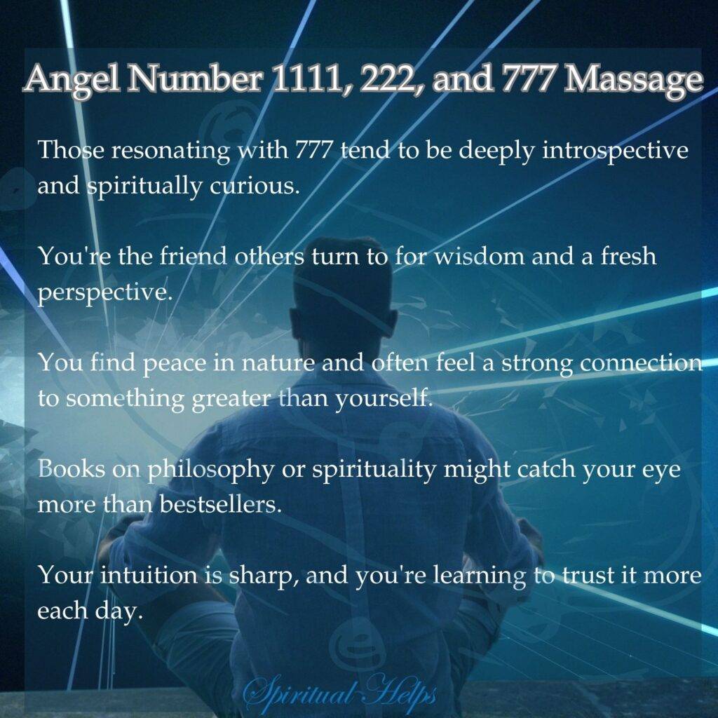 A person sits with their back to the viewer, seemingly in meditation, against a deep indigo background. Several bright turquoise-blue lines radiate outwards from behind the figure, creating a starburst effect. White text overlaid on the image discusses the qualities associated with the angel number 777. The text mentions introspection, spiritual curiosity, wisdom, a connection to nature and something greater, and a preference for books on philosophy and spirituality. At the bottom center, in stylized white script, is "Spiritual Helps".