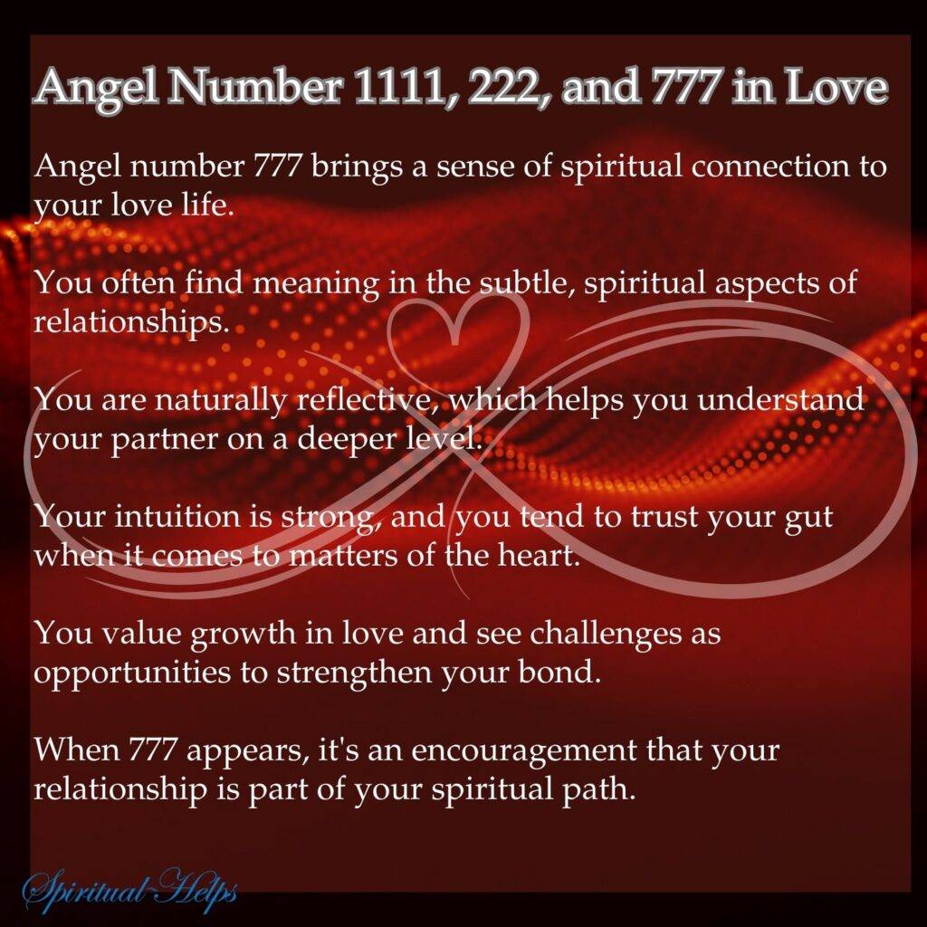 A rich, deep red-orange background features a softly blurred heart shape in a slightly lighter, fiery orange shade. White text explains the influence of angel number 777 on love. It mentions a sense of spiritual connection, finding meaning in subtle spiritual aspects, being reflective, understanding partners on a deeper level, strong intuition, trusting gut feelings, valuing growth, seeing challenges as opportunities, and the relationship being part of a spiritual path. "Spiritual Helps" appears in white script at the bottom left, and "Swipe Right" with a white arrow is at the bottom right.