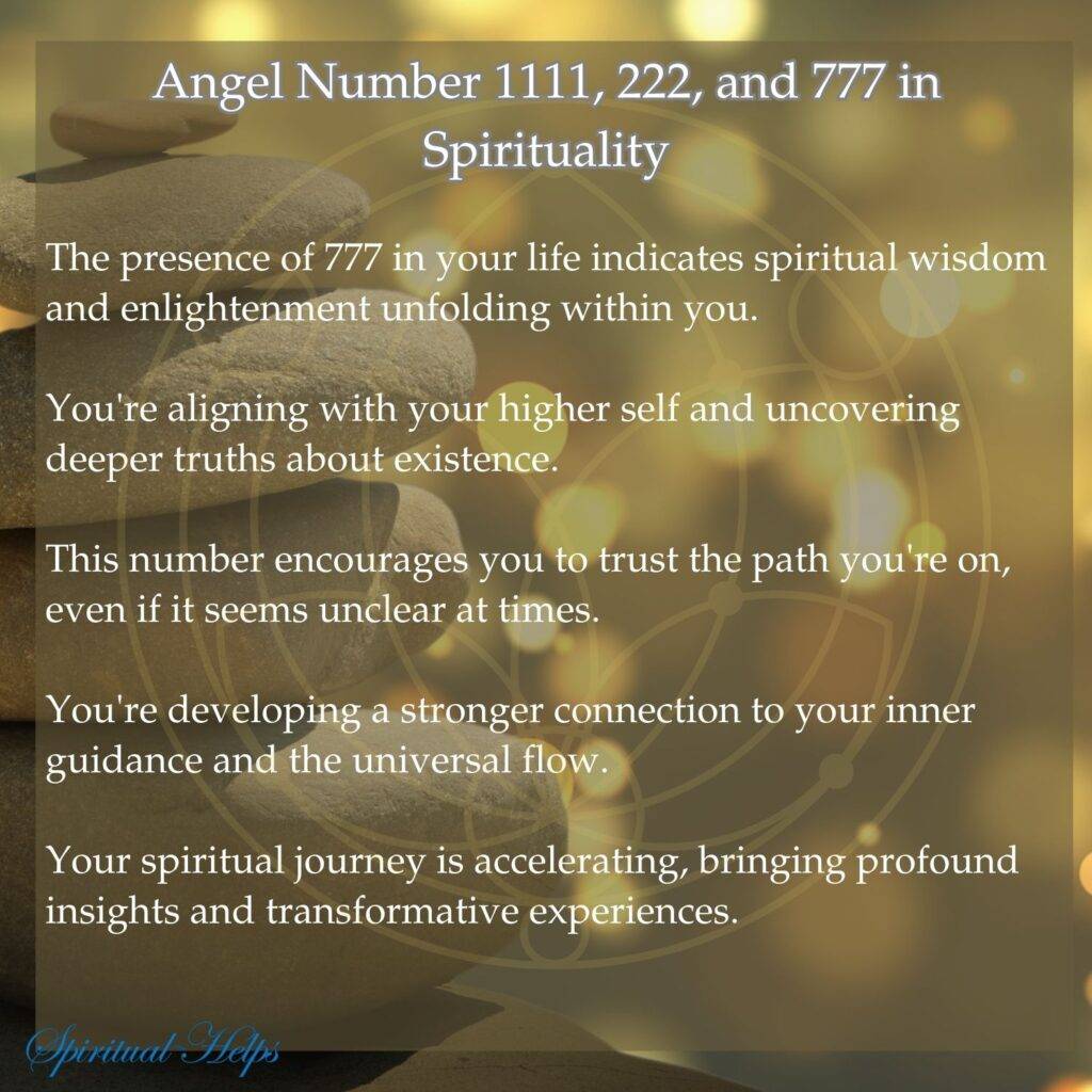 A blurred image of stacked stones, possibly a cairn, with soft, golden-brown lighting creates the background. White text discusses the spiritual significance of the angel number 777. The text mentions spiritual wisdom, enlightenment, aligning with the higher self, uncovering deeper truths, trusting the path, a stronger connection to inner guidance and universal flow, an accelerating spiritual journey, profound insights, and transformative experiences. "Spiritual Helps" appears in white script at the bottom left.