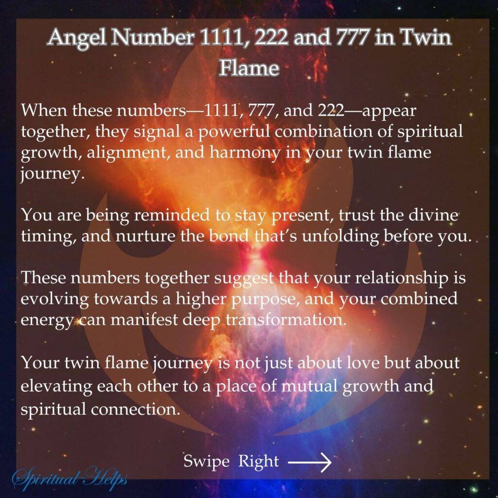 A deep, rich purple background has a softly blurred heart shape in a lighter lavender shade in the center. White text overlaid on the image discusses the combined influence of angel numbers 1111, 222, and 777 on love. The text mentions spiritual growth, soul alignment, emotional balance, approaching love with an open heart and mind, seeking meaningful connection, finding balance between personal transformation and nurturing a lasting bond, understanding love as a process, investing time, and the universe guiding love life towards growth and deep connections. "Spiritual Helps" in white script is at the bottom left, and "Swipe Right" with a white arrow is at the bottom right.