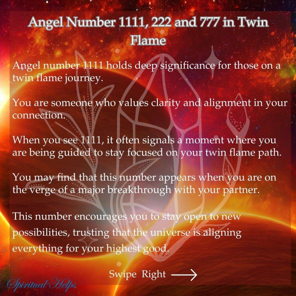 A warm, gradient background transitions from a deep orange at the top to a lighter, golden-orange at the bottom. A softly blurred, heart-shaped light area appears in the center. White text discusses the role of angel number 1111 in love. It mentions a deep awakening in the heart, connecting on a soul level, seeking more than surface-level affection, bold expressions of love, clarity in desires, building relationships based on trust and authenticity, attracting others with genuine nature, and the love journey aligning with a higher purpose. "Spiritual Helps" is in white script at the bottom left, and "Swipe Right" with a white arrow is at the bottom right.