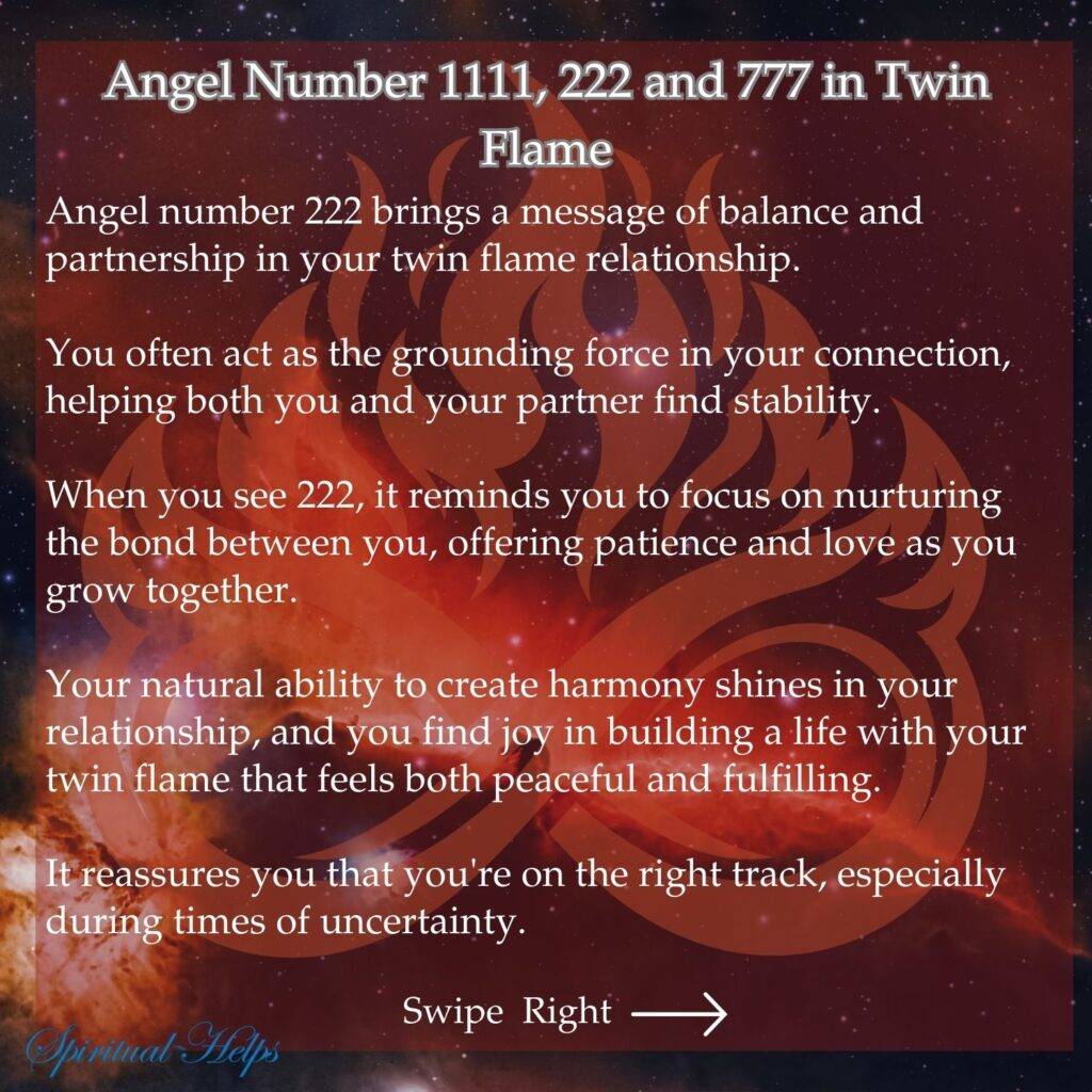 A warm, vibrant coral-red background features a softly blurred heart shape in a slightly lighter shade. White text overlaid on the image discusses the influence of angel number 222 on love. The text mentions seeking harmony and balance, patience, building peaceful and steady relationships, approaching love with a calm heart, prioritizing communication, resolving issues, a nurturing and reliable nature, fostering security, and being on the right path to a balanced, loving connection. At the bottom left, "Spiritual Helps" is written in stylized white script. "Swipe Right" with a white arrow appears in the bottom right corner.