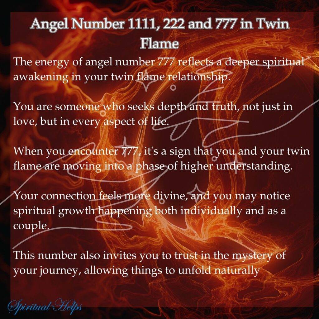 A rich, deep red-orange background features a softly blurred heart shape in a slightly lighter, fiery orange shade. White text explains the influence of angel number 777 on love. It mentions a sense of spiritual connection, finding meaning in subtle spiritual aspects, being reflective, understanding partners on a deeper level, strong intuition, trusting gut feelings, valuing growth, seeing challenges as opportunities, and the relationship being part of a spiritual path. "Spiritual Helps" appears in white script at the bottom left, and "Swipe Right" with a white arrow is at the bottom right.