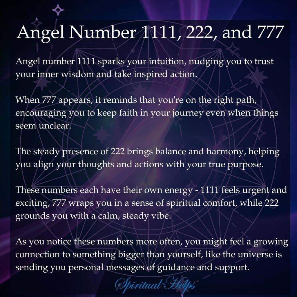 An image with a dark purple-blue, almost indigo background features a geometric, lacy, circular design in slightly lighter purple. White text overlays the design.

The title, "Angel Number 1111, 222, and 777," is at the top.

Below the title are several paragraphs of text describing the spiritual significance of these angel numbers. The text mentions that 1111 sparks intuition and inspires action, 777 signals being on the right path, and 222 brings balance and harmony. It also explains that these numbers have unique energies: 1111 is urgent and exciting, 777 brings spiritual comfort, and 222 provides a calming, steady vibe. The final paragraph suggests that frequently seeing these numbers may indicate a growing connection to something larger than oneself, with the universe offering guidance and support.

At the bottom center, "Spiritual Helps" is written in stylized white script. A small, light purple, four-pointed star is situated above the initial "A" in "Angel Number," and other, smaller stars are scattered subtly within the circular design behind the text.