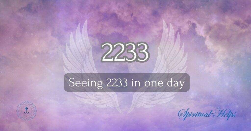 Angel number 2233 with wings on a purple cloudy background. Text reads 'Seeing 2233 in one day'. Spiritual Helps logo in corner