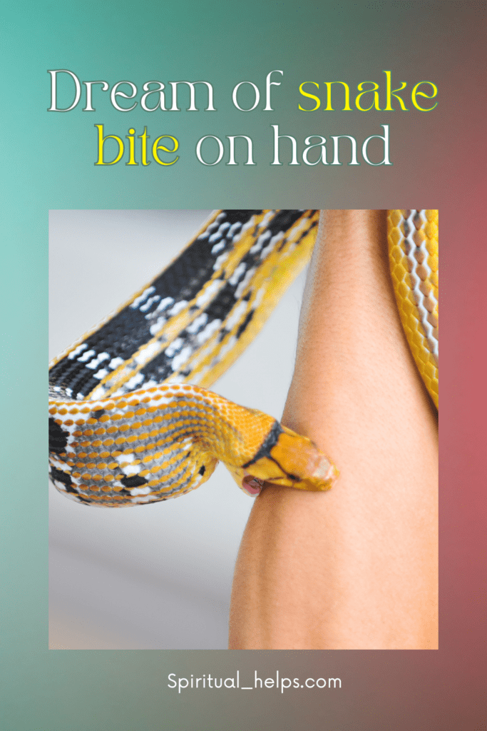 Image of a light yellow and patterned snake biting a person's forearm. The snake's head is near the person's skin, and its mouth appears to be making contact. The background is a blurred, soft pink and white gradient. The text at the top reads "Dream of snake bite on hand" in a serif typeface. The website "Spiritual_helps.com" is listed at the bottom.