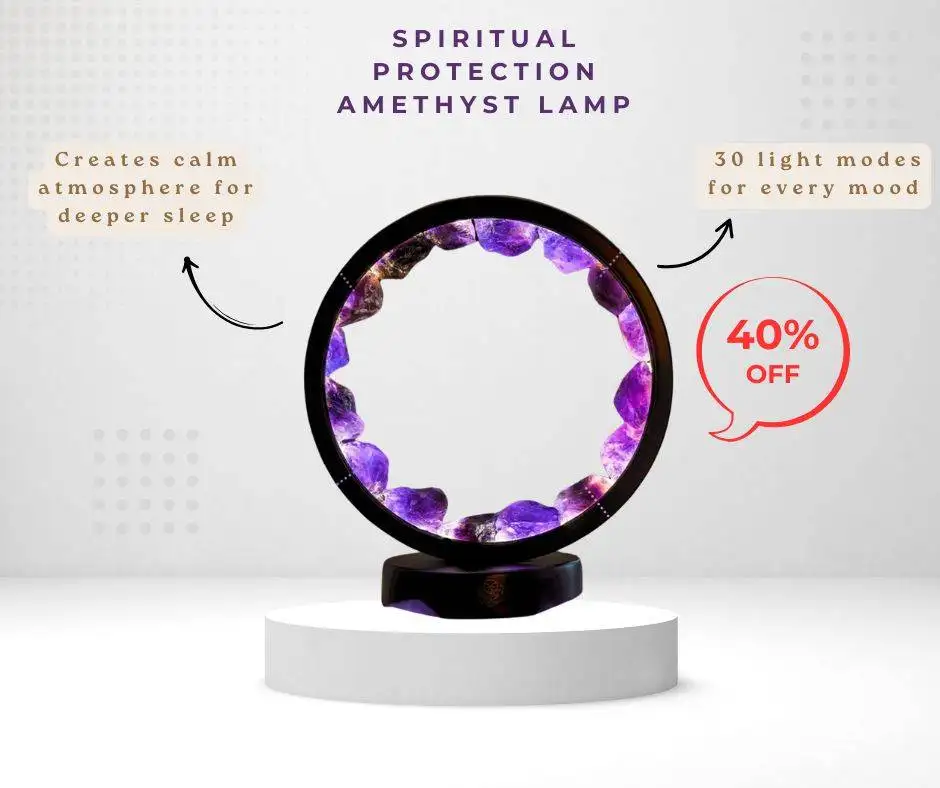 Zodiac Signs Who Attract Everyone with Their Mysterious Aura 4 A stylish amethyst lamp displayed on a pedestal, featuring a circular design filled with purple crystals. Text highlights features such as 'Creates calm atmosphere for deeper sleep', '30 light modes for every mood', and '40% OFF'.